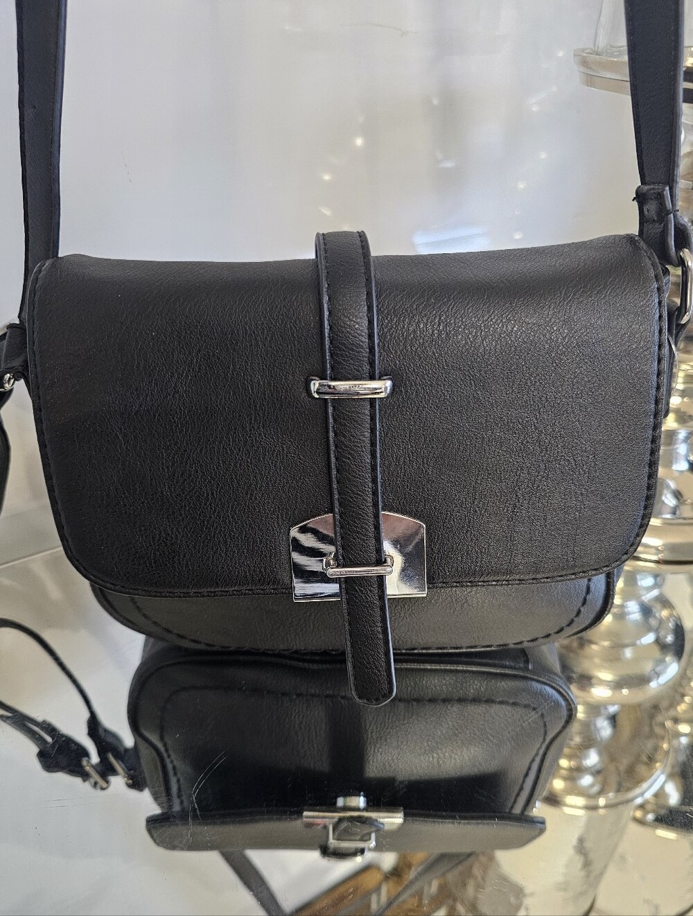 Adrienne Vittadini Black Leather Messenger Bag with Silver Hardware